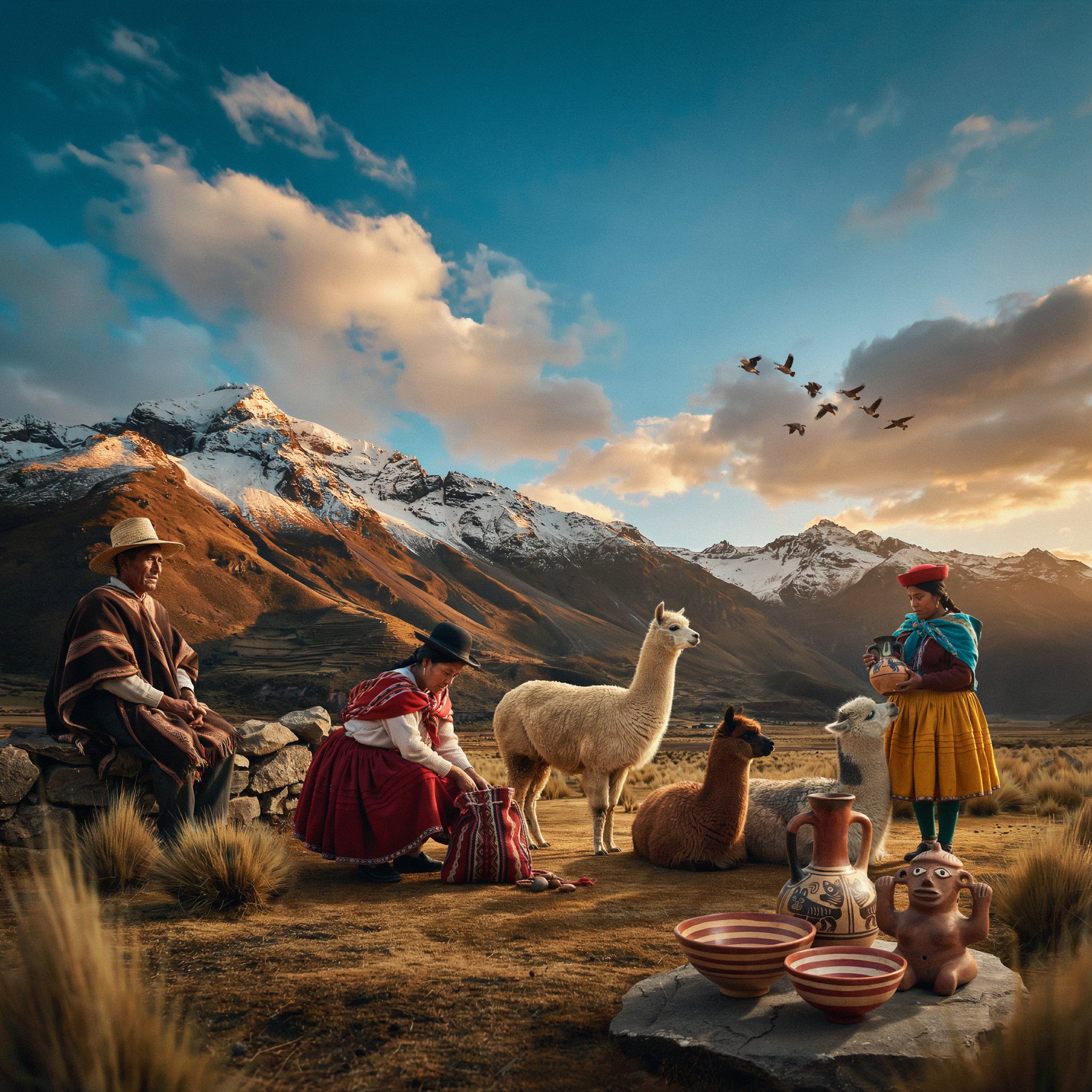 Peuples andins avec alpagas et huacos devant les montagnes des Andes au Pérou
