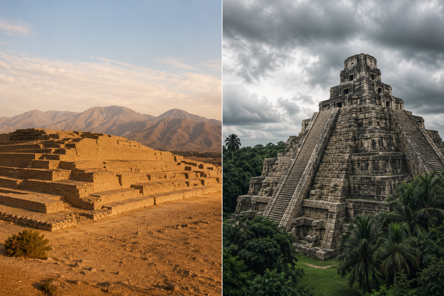 Comparaison entre une pyramide précolombienne péruvienne en adobe et une pyramide aztèque/mésoaméricaine en pierre