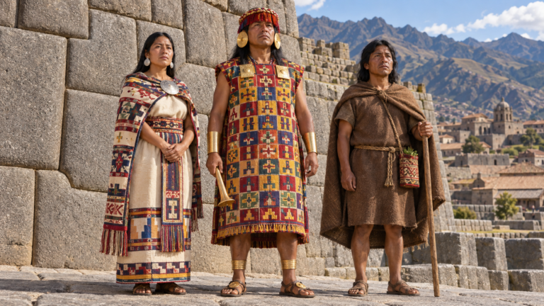 Trois tenues incas : le Sapa Inca, une femme noble et un paysan à Cusco