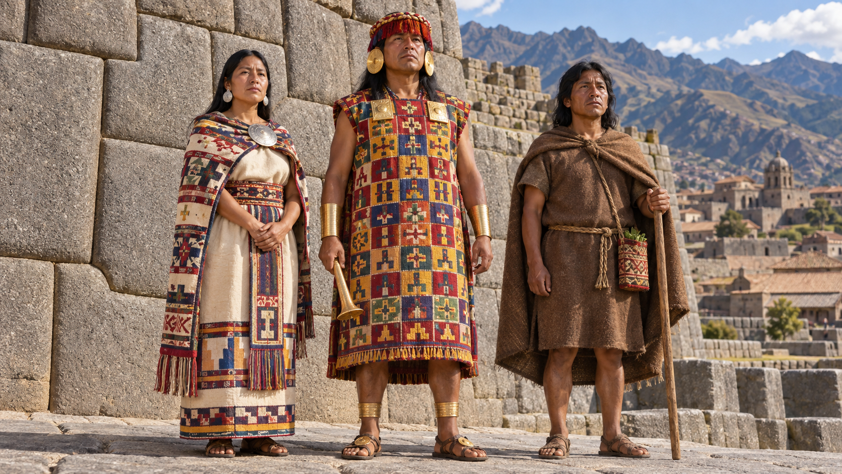 Trois tenues incas : le Sapa Inca, une femme noble et un paysan à Cusco
