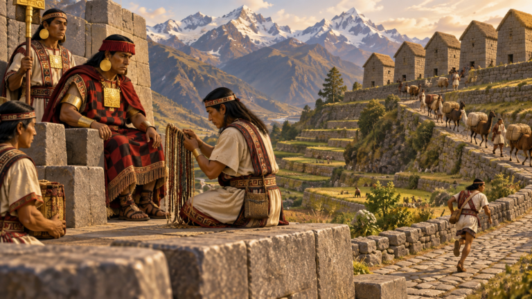 Le Sapa Inca observe un quipucamayoc compter sur un quipu, tandis qu'un chaski court et que des lamas montent vers les qollqas