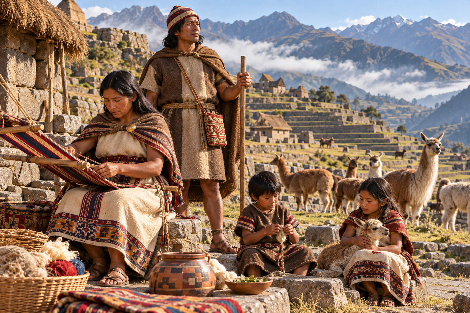Une famille de paysans incas en tenue d'awasqa, tissant sur un métier à la ceinture