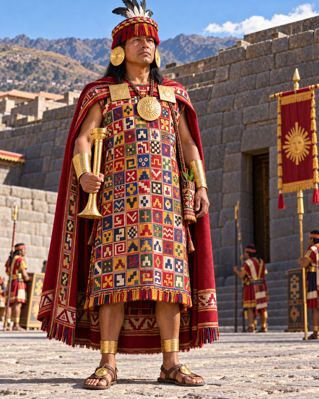 Une noble inca et un orejón en tenue de cumbi, avec disques d'oreilles et tupu en or