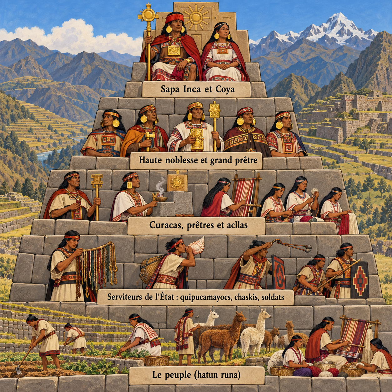 Le Sapa Inca observe un quipucamayoc compter sur un quipu, tandis qu'un chaski court et que des lamas montent vers les qollqas