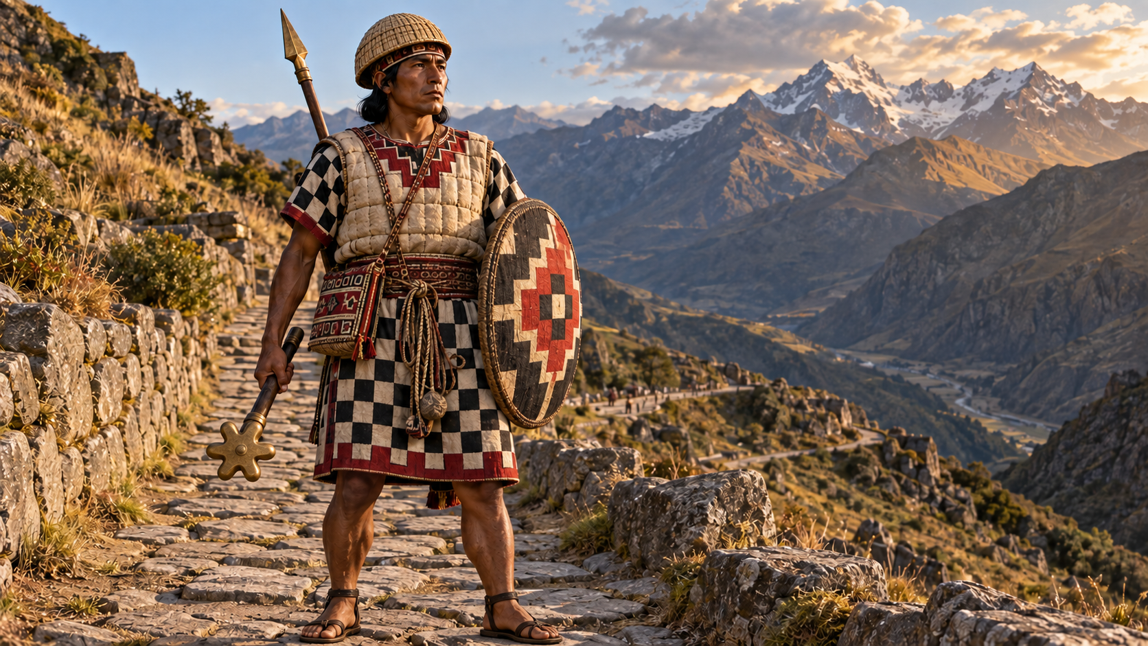 Soldat inca en tunique à damier noir et blanc, armure de coton matelassé, avec fronde, massue en étoile, lance et bouclier